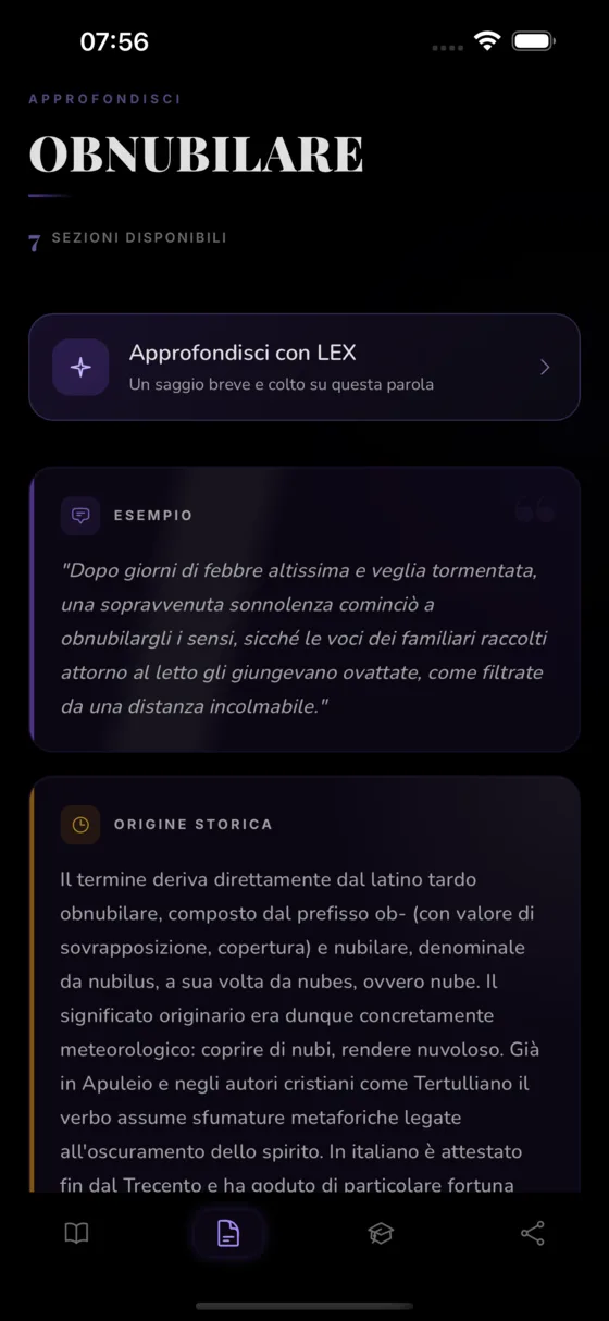 Schermata Approfondisci con mini-saggio e analisi culturale della parola