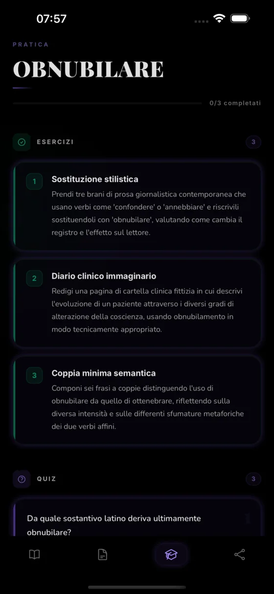 Schermata dei quiz e brevi esercizi per memorizzare la parola del giorno