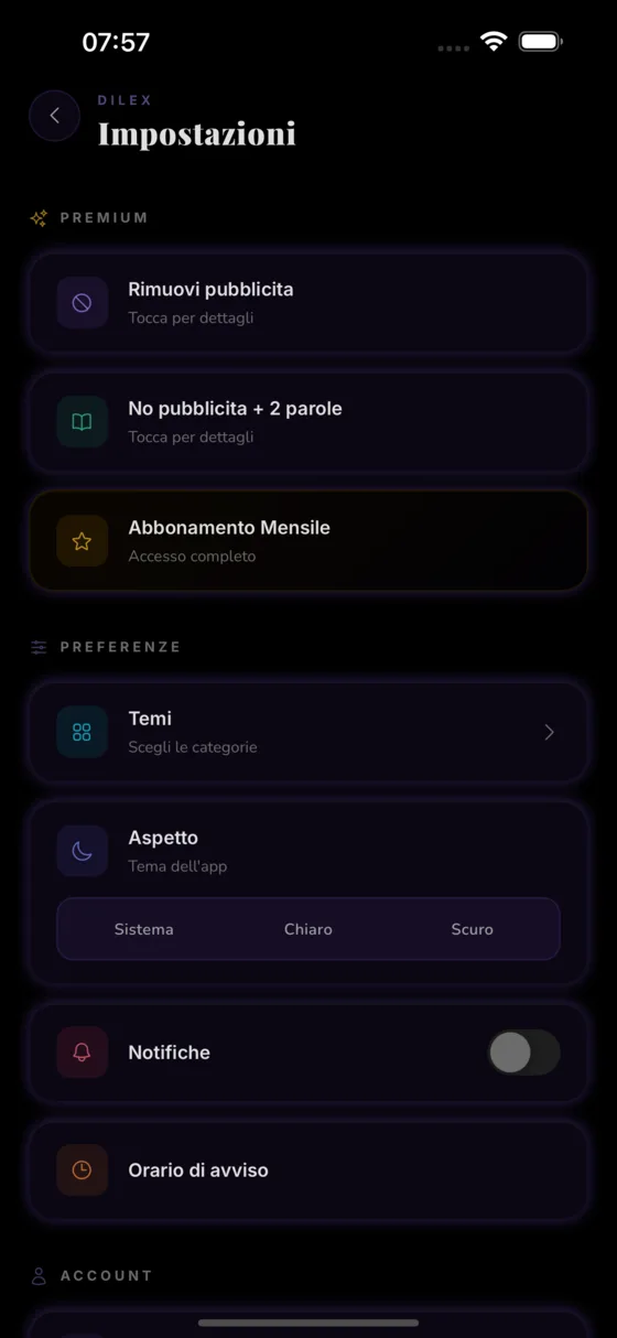 Impostazioni dell'app con scelta delle categorie tematiche, orario notifiche e tema OLED